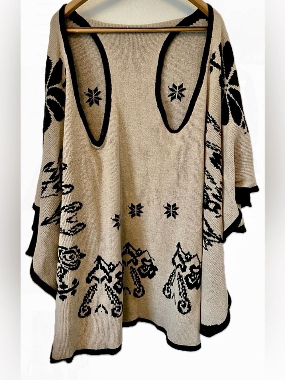 Reversable Unique Vintage Boho Goth Whimsigoth Knit Poncho Reindeer Floral Cape